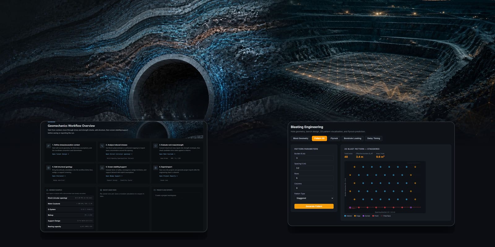 Illustration of a tunnel excavation on the left and an open-pit bench on the right, with two product screens: the Rocklytics workflow overview and the mineraX blast-pattern screen.