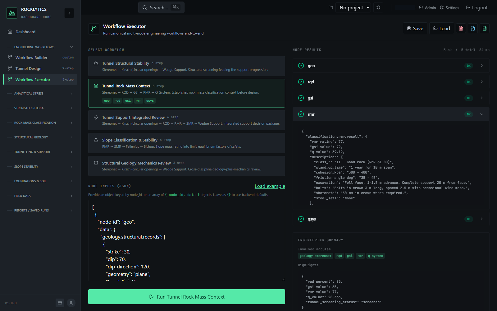 Rocklytics workflow workspace showing five successful synthetic workflow nodes